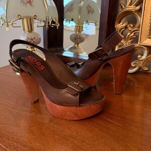 Michael Kors Dark Brown Leather Platform Slingback Heels with Wood-Tone Platform